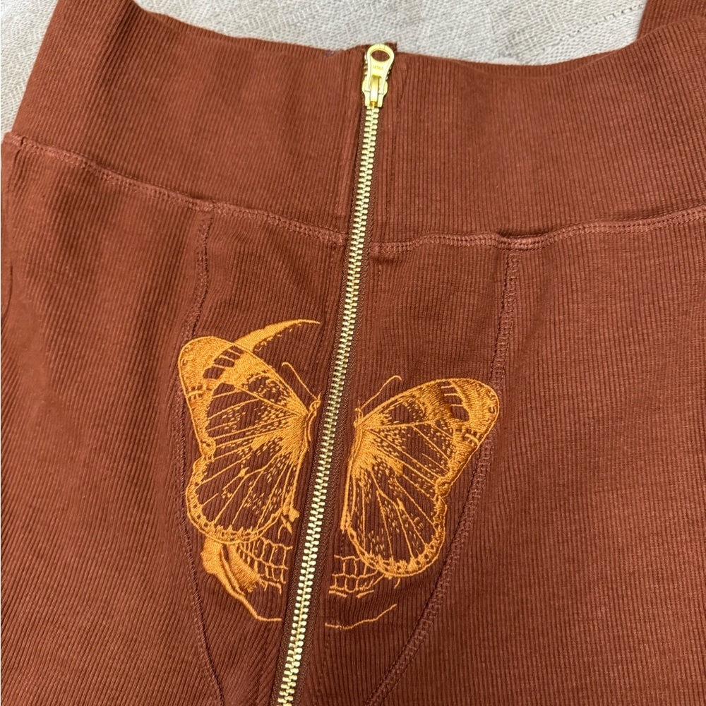 TORDROBES Brown UZip Butterfly Embroidered Ribbed Knit Cargo Flare Pants Sz M - Picture 4 of 12